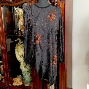 Vintage Black Silk Beaded Asymmetrical Hem Tunic Blouse Long Sleeves